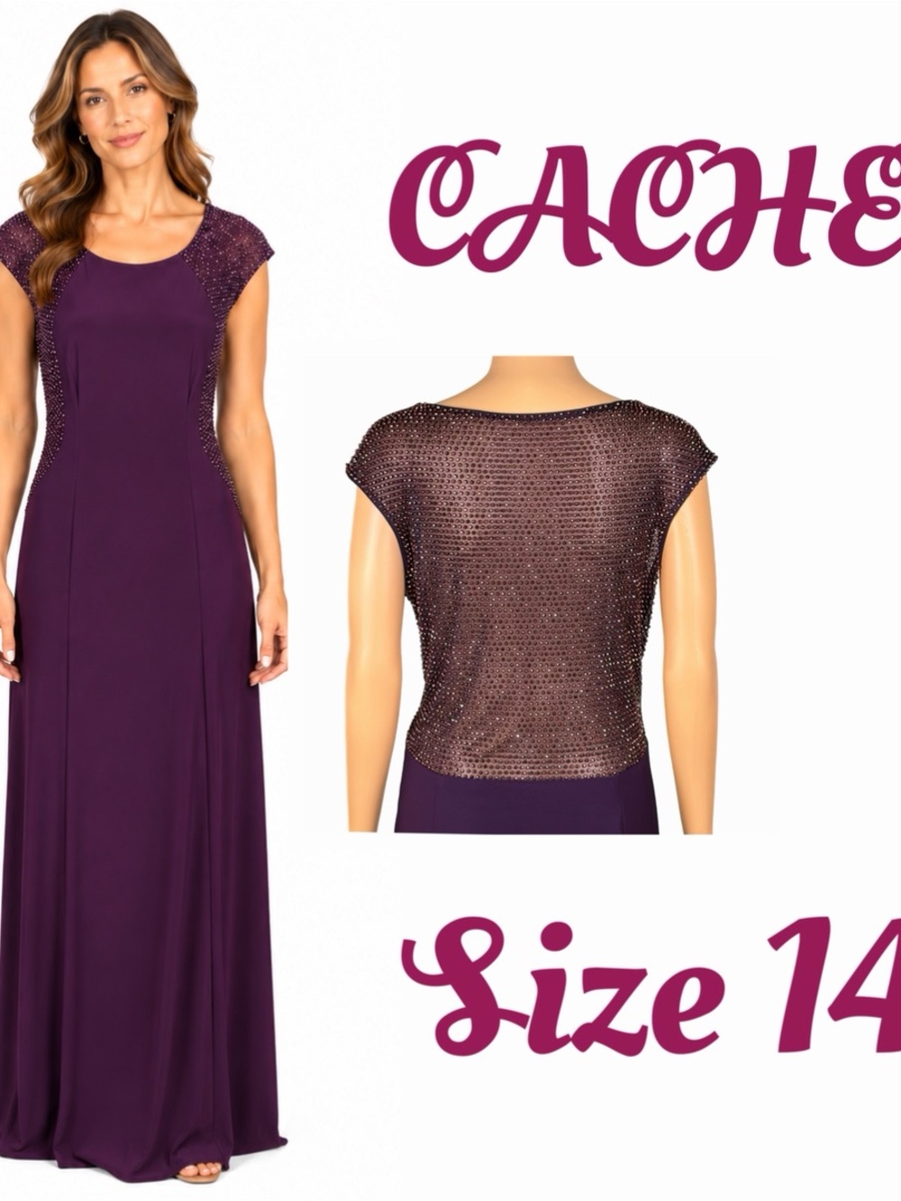 CACHÉ NEW WITH TAGS Plum Beaded Mesh Formal Evening Gown Maxi Dress Size 14